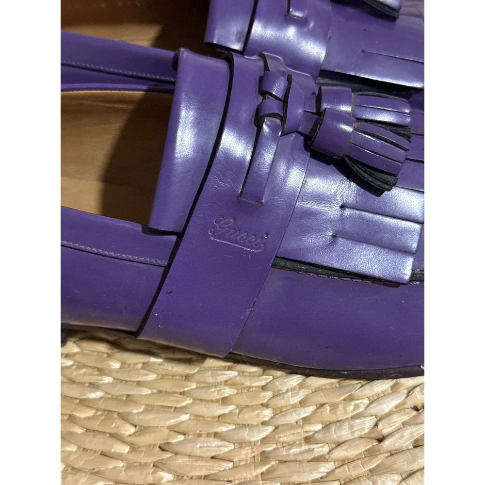 Gucci Purple Leather Tassel Kiltie Loafers Men's Size 44.5 E Made In Italy